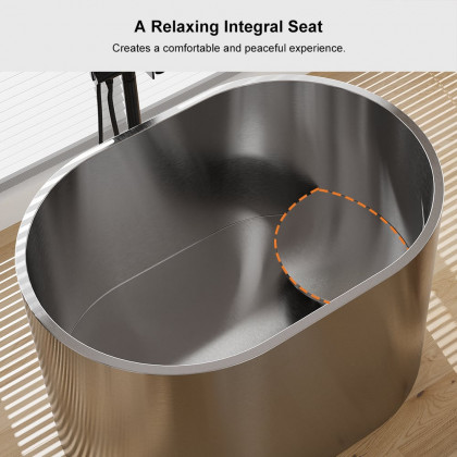 HMR - 48" Japanese Oval Freestanding Stainless Steel Soaking Bathtub 52.83-Gallon Capacity