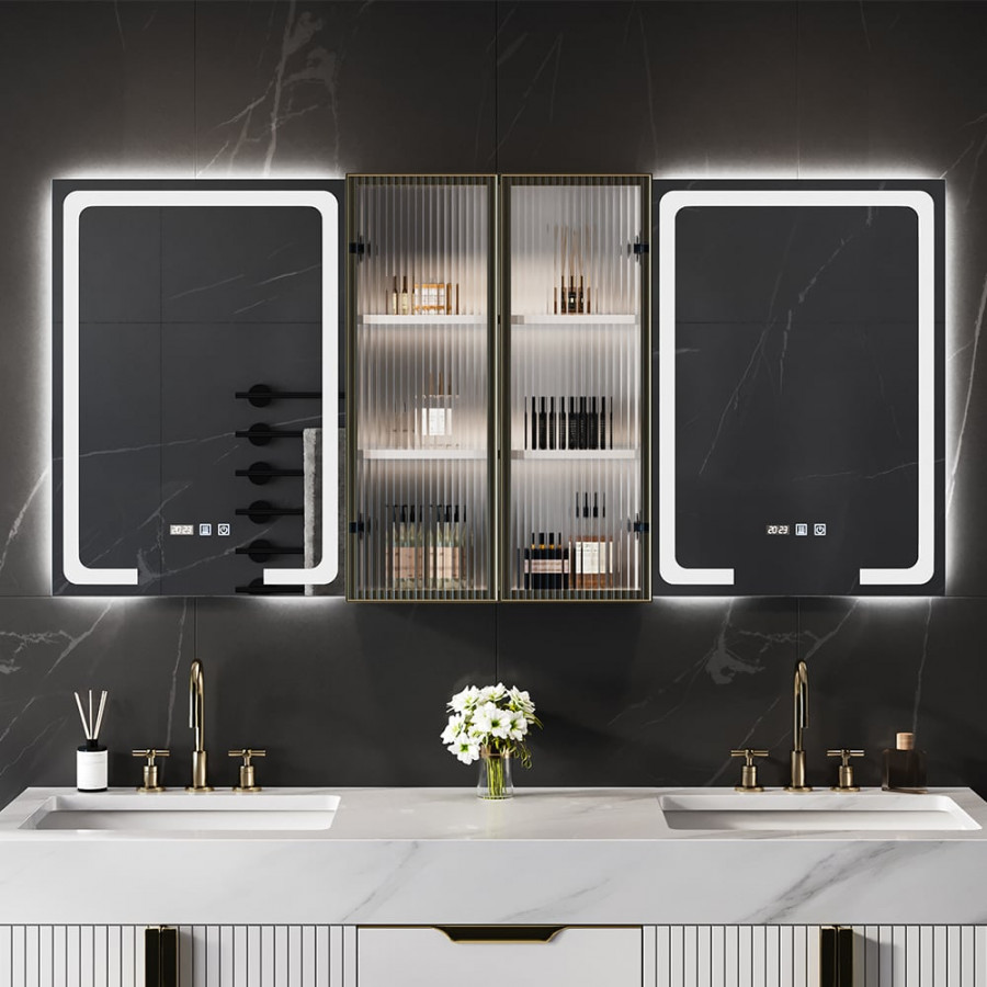 HMR - 59" LED Lighted Medicine Cabinet Wooden Wall-mounted Bathroom Mirror with Doors