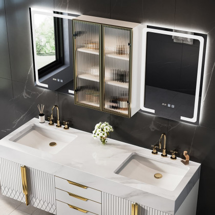 HMR - 59" LED Lighted Medicine Cabinet Wooden Wall-mounted Bathroom Mirror with Doors
