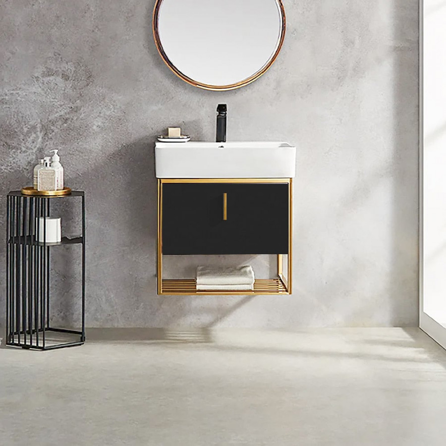 HMR 23.6" Modern Floating Bathroom Vanity with Drawer Shelf Single Ceramic Sink Small - Black & Gold