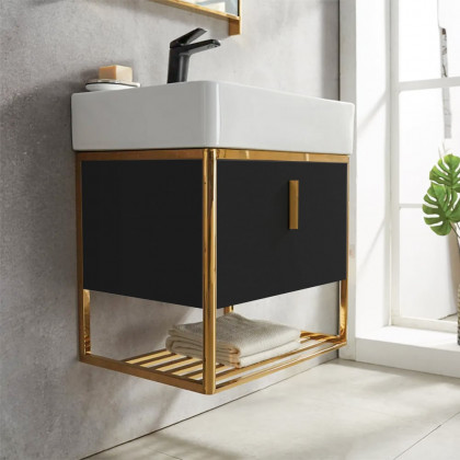 HMR 23.6" Modern Floating Bathroom Vanity with Drawer Shelf Single Ceramic Sink Small - Black & Gold