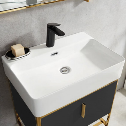 HMR 23.6" Modern Floating Bathroom Vanity with Drawer Shelf Single Ceramic Sink Small - Black & Gold