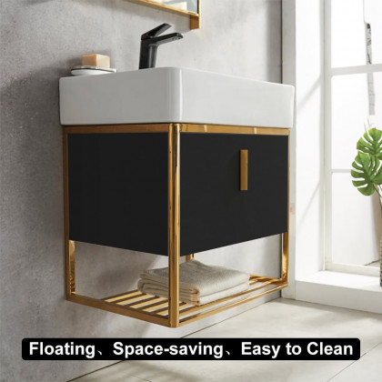 HMR 23.6" Modern Floating Bathroom Vanity with Drawer Shelf Single Ceramic Sink Small - Black & Gold