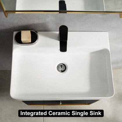HMR 23.6" Modern Floating Bathroom Vanity with Drawer Shelf Single Ceramic Sink Small - Black & Gold