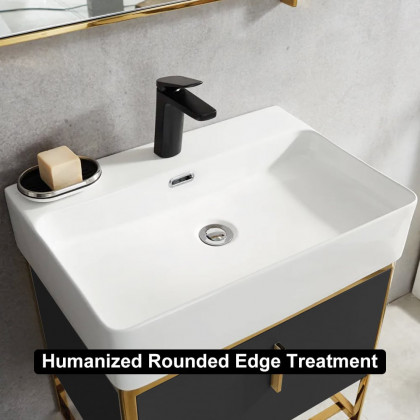 HMR 23.6" Modern Floating Bathroom Vanity with Drawer Shelf Single Ceramic Sink Small - Black & Gold