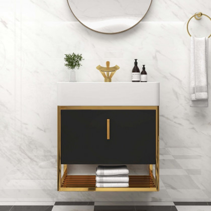HMR 23.6" Modern Floating Bathroom Vanity with Drawer Shelf Single Ceramic Sink Small - Black & Gold