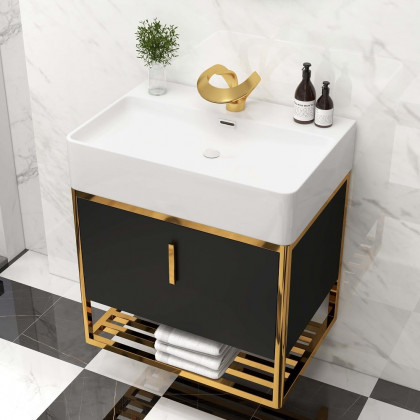 HMR 23.6" Modern Floating Bathroom Vanity with Drawer Shelf Single Ceramic Sink Small - Black & Gold