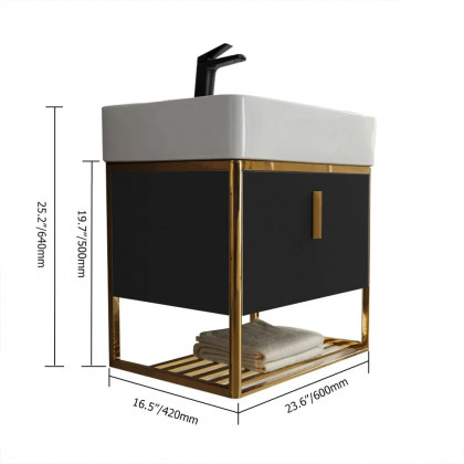HMR 23.6" Modern Floating Bathroom Vanity with Drawer Shelf Single Ceramic Sink Small - Black & Gold