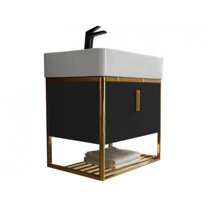 HMR 23.6" Modern Floating Bathroom Vanity with Drawer Shelf Single Ceramic Sink Small - Black & Gold