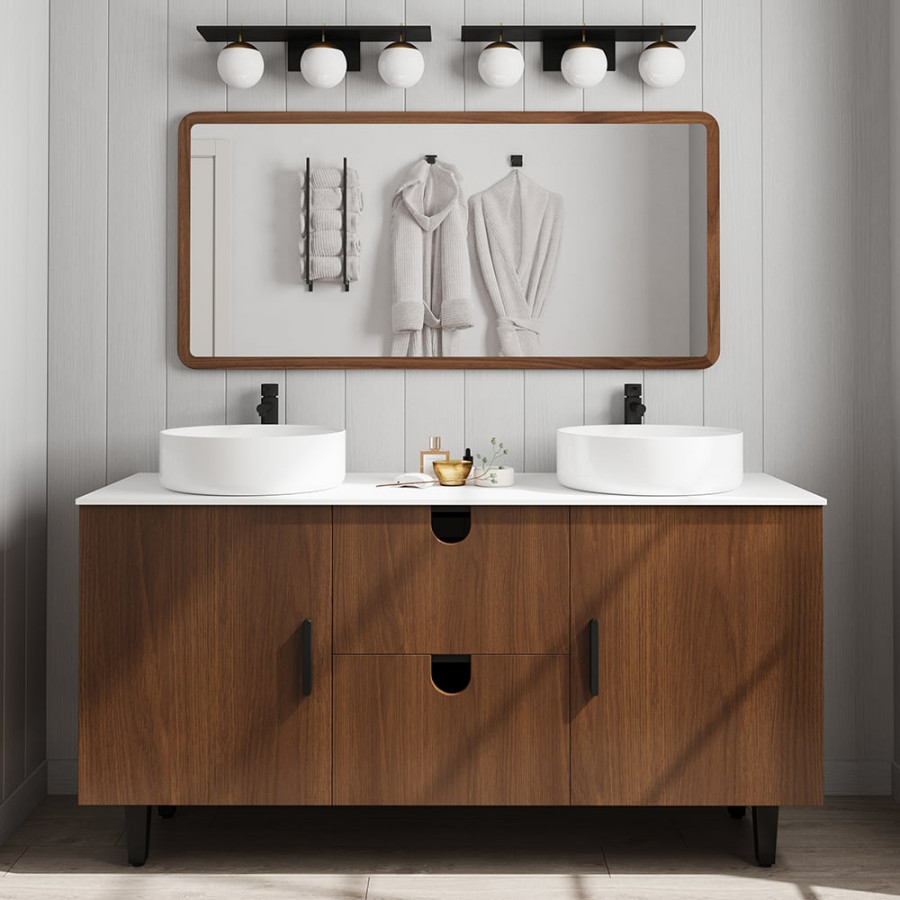 HMR - 59" Teak Wood Freestanding Double Bathroom Vanity with Top Vessel Sink