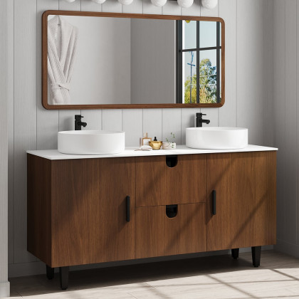 HMR - 59" Teak Wood Freestanding Double Bathroom Vanity with Top Vessel Sink