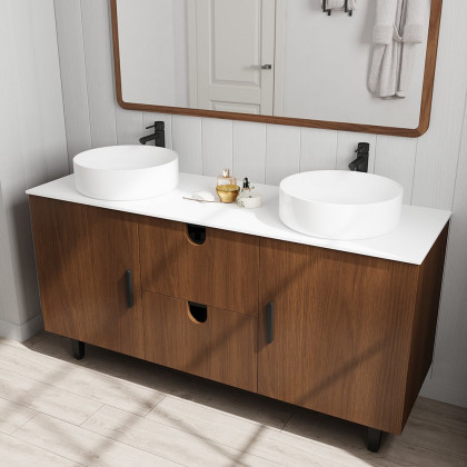 HMR - 59" Teak Wood Freestanding Double Bathroom Vanity with Top Vessel Sink