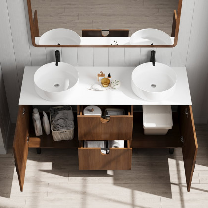 HMR - 59" Teak Wood Freestanding Double Bathroom Vanity with Top Vessel Sink