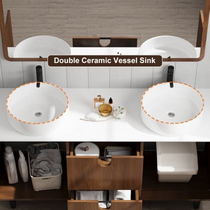 HMR - 59" Teak Wood Freestanding Double Bathroom Vanity with Top Vessel Sink