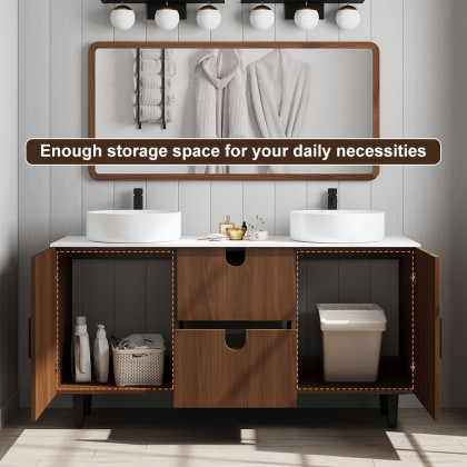 HMR - 59" Teak Wood Freestanding Double Bathroom Vanity with Top Vessel Sink