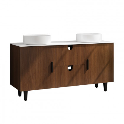 HMR - 59" Teak Wood Freestanding Double Bathroom Vanity with Top Vessel Sink