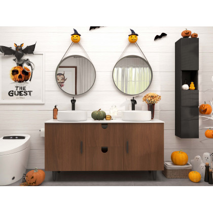 HMR - 59" Teak Wood Freestanding Double Bathroom Vanity with Top Vessel Sink