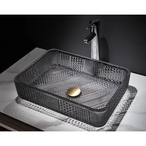 HMR Modern Glass Rectangle Transparent Bathroom Vessel Sink Wash Sink with Drain - Black