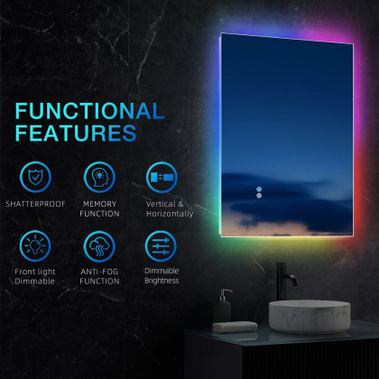 HMR - 24" x 32" Frameless Rectangular RGB LED Bathroom Vanity Mirror Anti-Fog Backlit