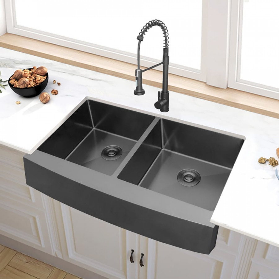 HMR - 36" Stainless Steel Farmhouse Apron-Front Kitchen Sink with Double Bowls Gunmetal Black