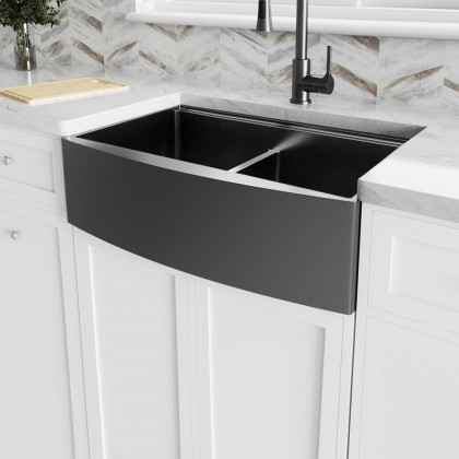 HMR - 36" Stainless Steel Farmhouse Apron-Front Kitchen Sink with Double Bowls Gunmetal Black