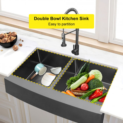 HMR - 36" Stainless Steel Farmhouse Apron-Front Kitchen Sink with Double Bowls Gunmetal Black