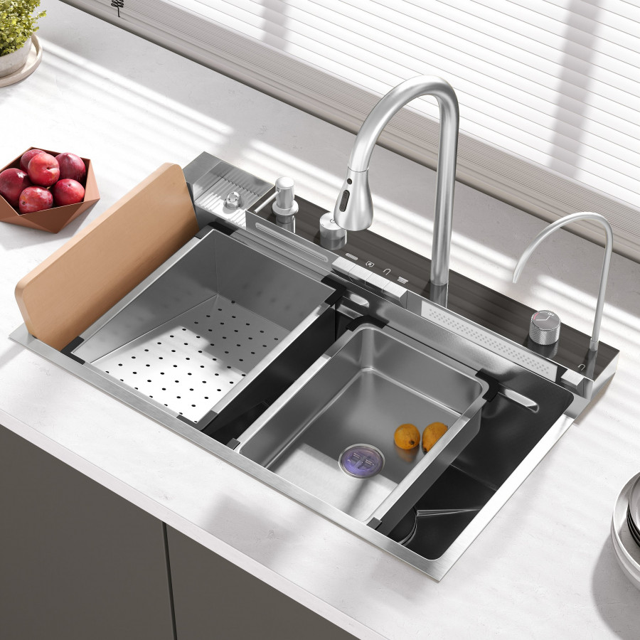 HMR 29" Drop-in Workstation Kitchen Sink with Faucet Single Bowl Stainless Steel - Brushed Nickel