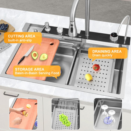 HMR 29" Drop-in Workstation Kitchen Sink with Faucet Single Bowl Stainless Steel - Brushed Nickel