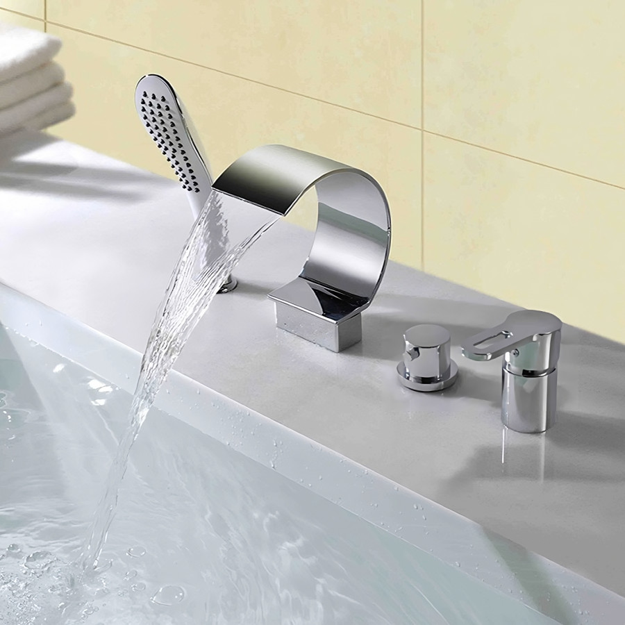 HMR - Deck Mounted Roman Bathtub Faucet with Handshower Solid Brass in Chrome