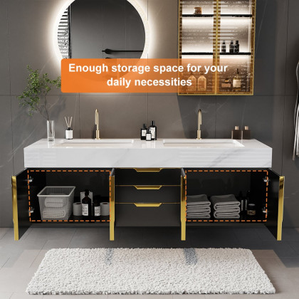 HMR - Aro Freestanding Single Sink Bathroom Vanity Drawers Doors Faux Marble Top