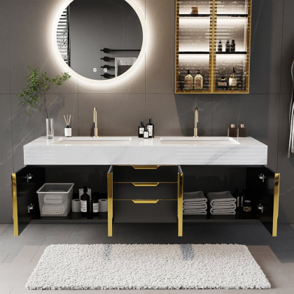 HMR - Aro Freestanding Single Sink Bathroom Vanity Drawers Doors Faux Marble Top