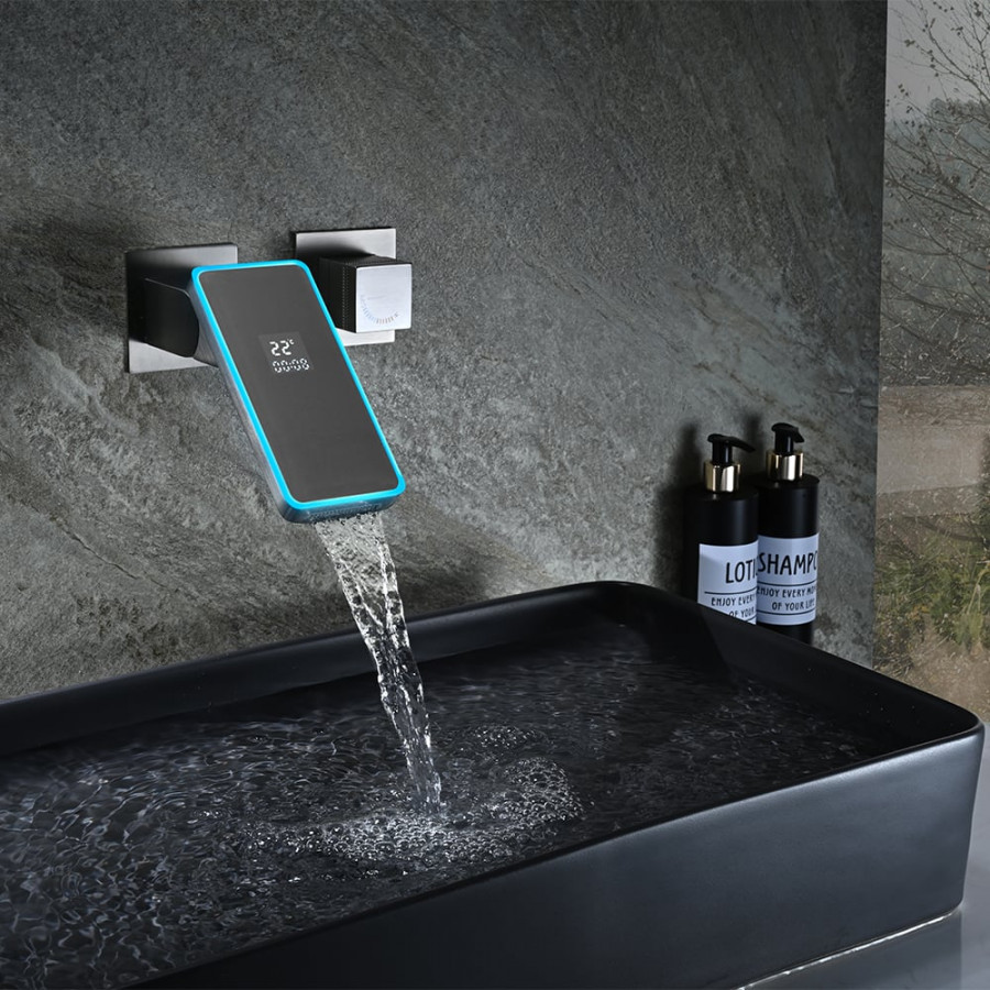 HMR - Led Digital Temperature Display Bathroom Rotating Faucet in Dark Gray