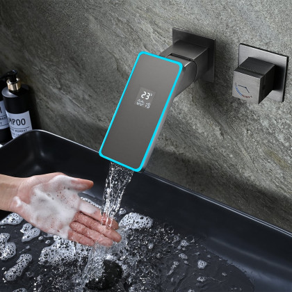 HMR - Led Digital Temperature Display Bathroom Rotating Faucet in Dark Gray