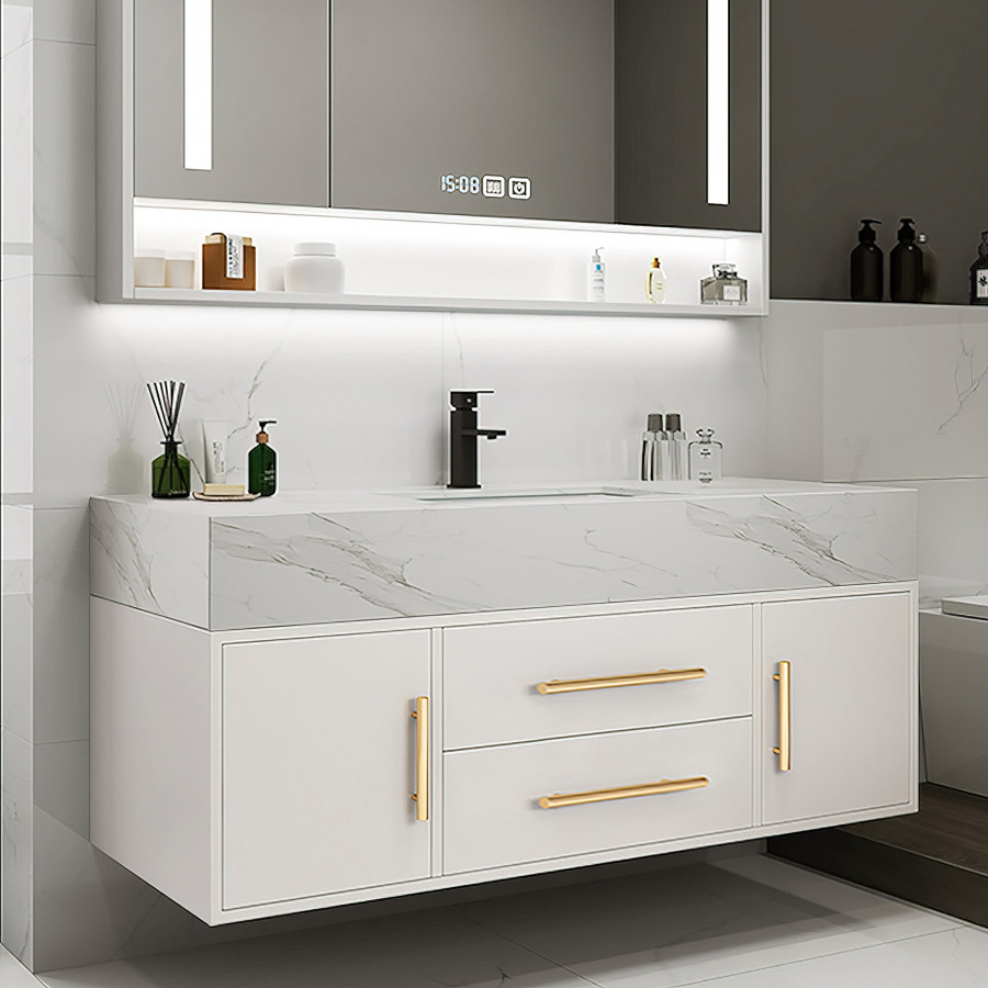 HMR 39" Modern Floating Stone Top Bathroom Vanity Set with Sink - White/Gold, Wall Mounted