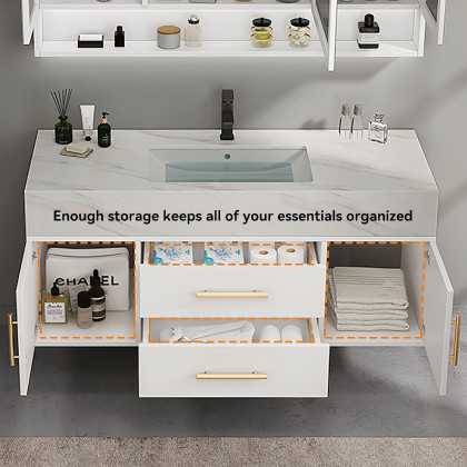 HMR 39" Modern Floating Stone Top Bathroom Vanity Set with Sink - White/Gold, Wall Mounted