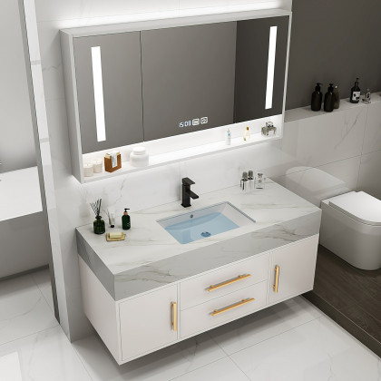 HMR 39" Modern Floating Stone Top Bathroom Vanity Set with Sink - White/Gold, Wall Mounted