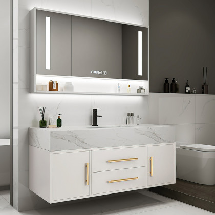HMR 39" Modern Floating Stone Top Bathroom Vanity Set with Sink - White/Gold, Wall Mounted