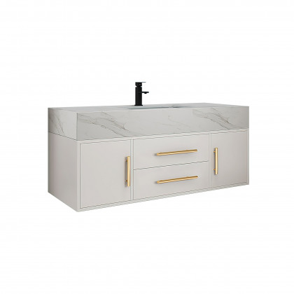 HMR 39" Modern Floating Stone Top Bathroom Vanity Set with Sink - White/Gold, Wall Mounted