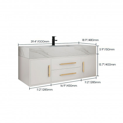 HMR 39" Modern Floating Stone Top Bathroom Vanity Set with Sink - White/Gold, Wall Mounted