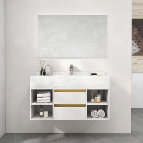 HMR 39.4" Modern Floating Bathroom Vanity Set with Ceramic Sink 2 Drawers & Open Shelves - White