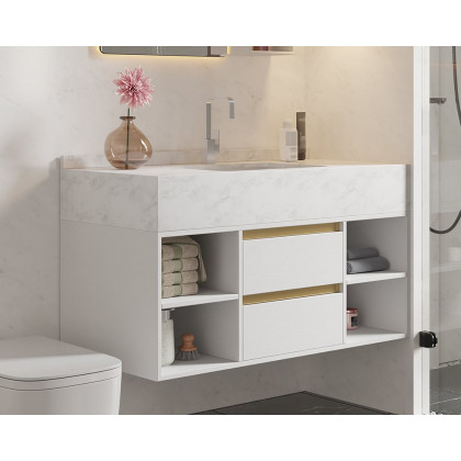 HMR 39.4" Modern Floating Bathroom Vanity Set with Ceramic Sink 2 Drawers & Open Shelves - White