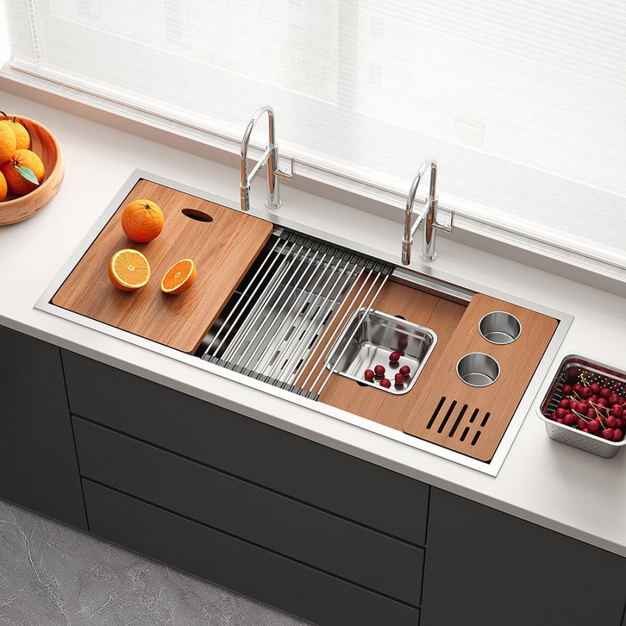 HMR - 43'' Stainless Steel 7 Pcs Kitchen Sink Rectangular Drop-in Single Bowl in Brushed