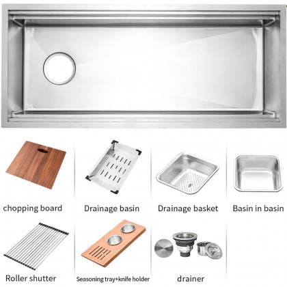 HMR - 43'' Stainless Steel 7 Pcs Kitchen Sink Rectangular Drop-in Single Bowl in Brushed