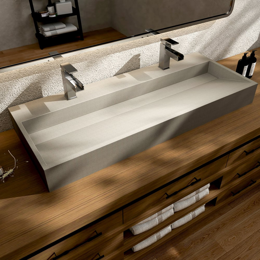 HMR - 48" Concrete Farmhouse Trough Bathroom Sink Cement Rectangular Gray Vessel Sink
