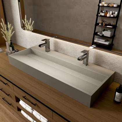 HMR - 48" Concrete Farmhouse Trough Bathroom Sink Cement Rectangular Gray Vessel Sink