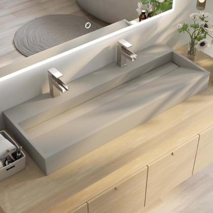 HMR - 48" Concrete Farmhouse Trough Bathroom Sink Cement Rectangular Gray Vessel Sink