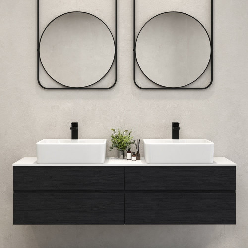 HMR Modern Floating Bathroom Vanity Set with Faux Marble Top & Double Ceramic with Vessel Sink - Black, 60"