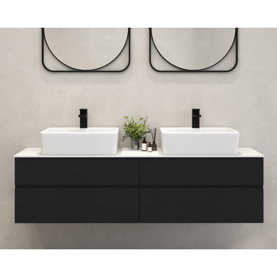 HMR Modern Floating Bathroom Vanity Set with Faux Marble Top & Double Ceramic with Vessel Sink - Black, 60"