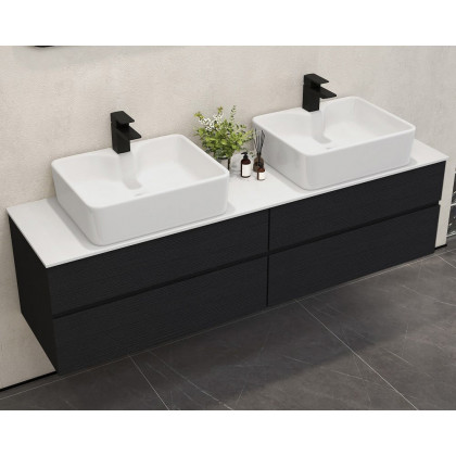 HMR Modern Floating Bathroom Vanity Set with Faux Marble Top & Double Ceramic with Vessel Sink - Black, 60"