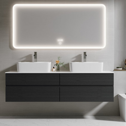 HMR Modern Floating Bathroom Vanity Set with Faux Marble Top & Double Ceramic with Vessel Sink - Black, 60"